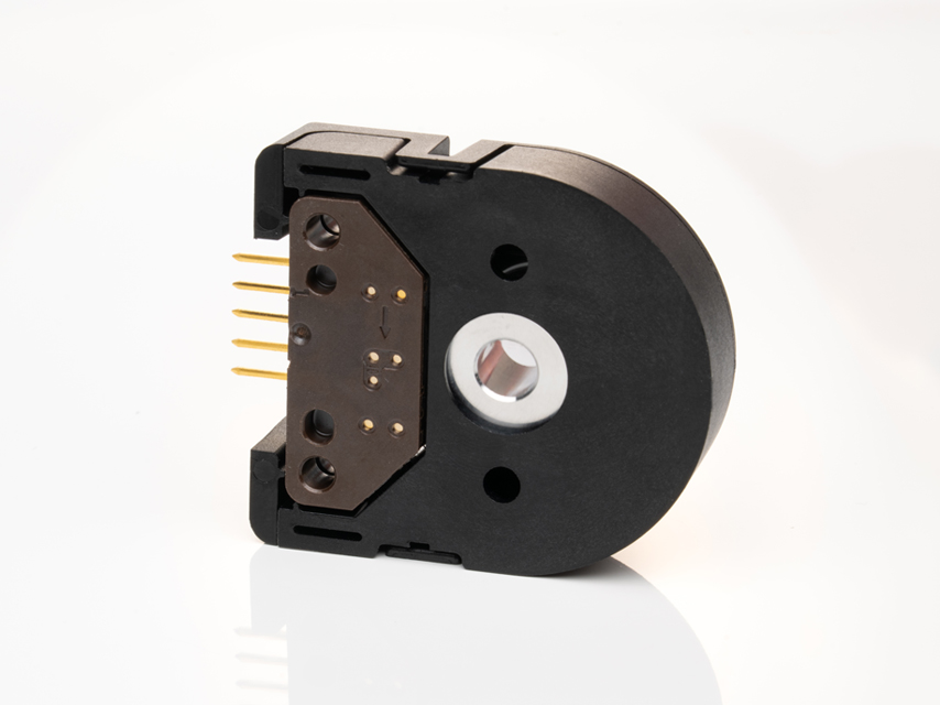 Bottom view of the US Digital L2 low-profile incremental encoder showing how the encoder module fits into the base.